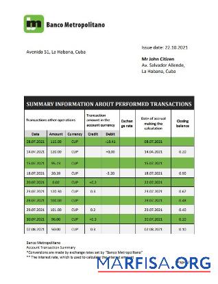 Realistic Cuba Banco Metropolitano bank proof of address bank statement word download for verification